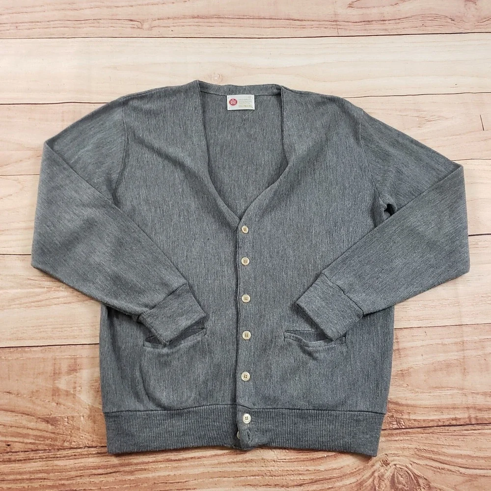 VINTAGE Kings Road‎ Sweater Mens Large Gray Cardigan Knit Open Front Preppy